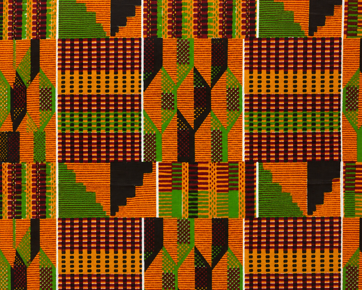 Orange green African Kente print XL ponytail scrub cap Ghana inspired surgical hat for nurses with long braids locs and natural hair handmade OR World fabric close up 