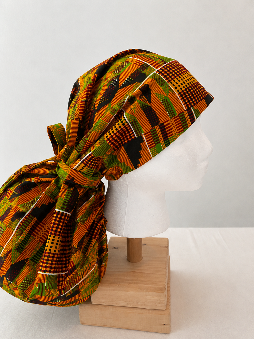Orange &amp; Green African Kente XXL Ponytail Scrub Cap | Ghana-Inspired Surgical Hat for Extra Long Hair, Braids, Locs &amp; Natural Hair | Satin Lining Available