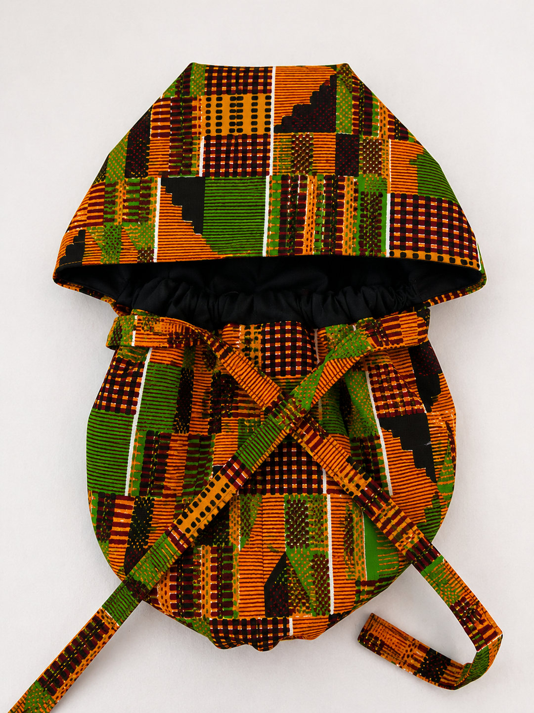 Orange &amp; Green African Kente XXL Ponytail Scrub Cap | Ghana-Inspired Surgical Hat for Extra Long Hair, Braids, Locs &amp; Natural Hair | Satin Lining Available