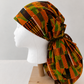 Orange & Green African Kente XXL Ponytail Scrub Cap | Ghana-Inspired Surgical Hat for Extra Long Hair, Braids, Locs & Natural Hair | Satin Lining Available