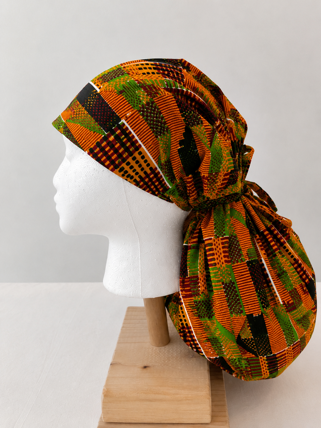 Orange &amp; Green African Kente XXL Ponytail Scrub Cap | Ghana-Inspired Surgical Hat for Extra Long Hair, Braids, Locs &amp; Natural Hair | Satin Lining Available