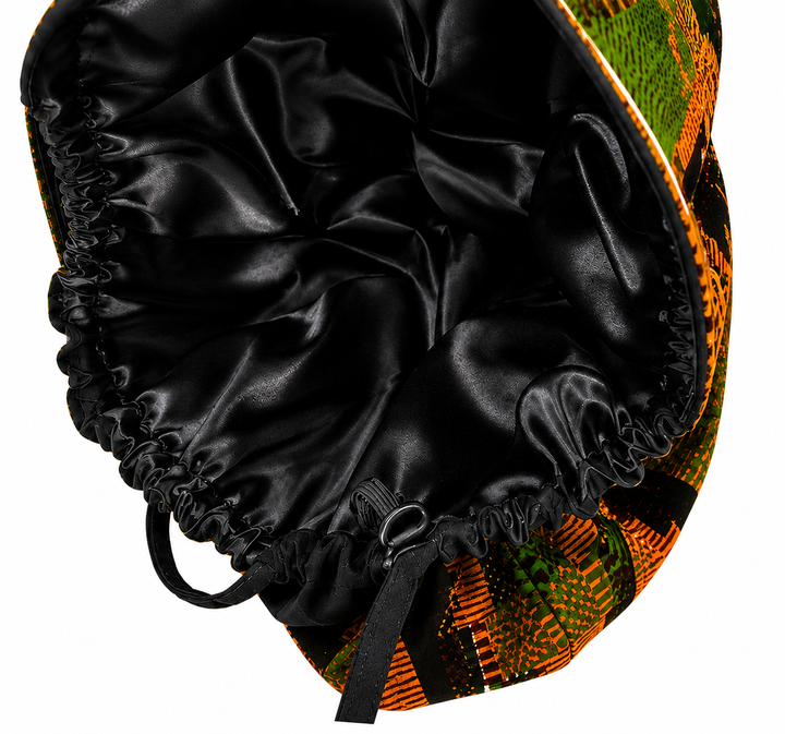 Orange &amp; Green African Kente XXL Ponytail Scrub Cap | Ghana-Inspired Surgical Hat for Extra Long Hair, Braids, Locs &amp; Natural Hair | Satin Lining Available