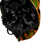 African Kente Ghana original ponytail scrub cap flat lay showing black satin lining interior traditional orange green Ghana Kente pattern surgical hat handmade USA