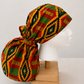 Colorful African Kente print XXL ponytail scrub cap Ghana inspired surgical hat for extra long braids jumbo locs and thick natural hair handmade OR World-side view