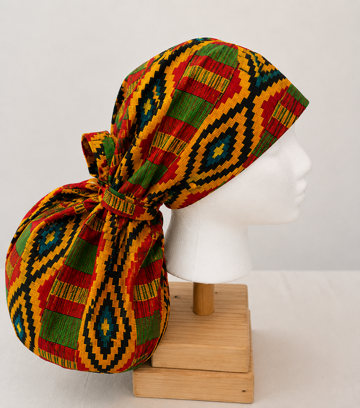 Colorful African Kente print XXL ponytail scrub cap Ghana inspired surgical hat for extra long braids jumbo locs and thick natural hair handmade OR World-side view