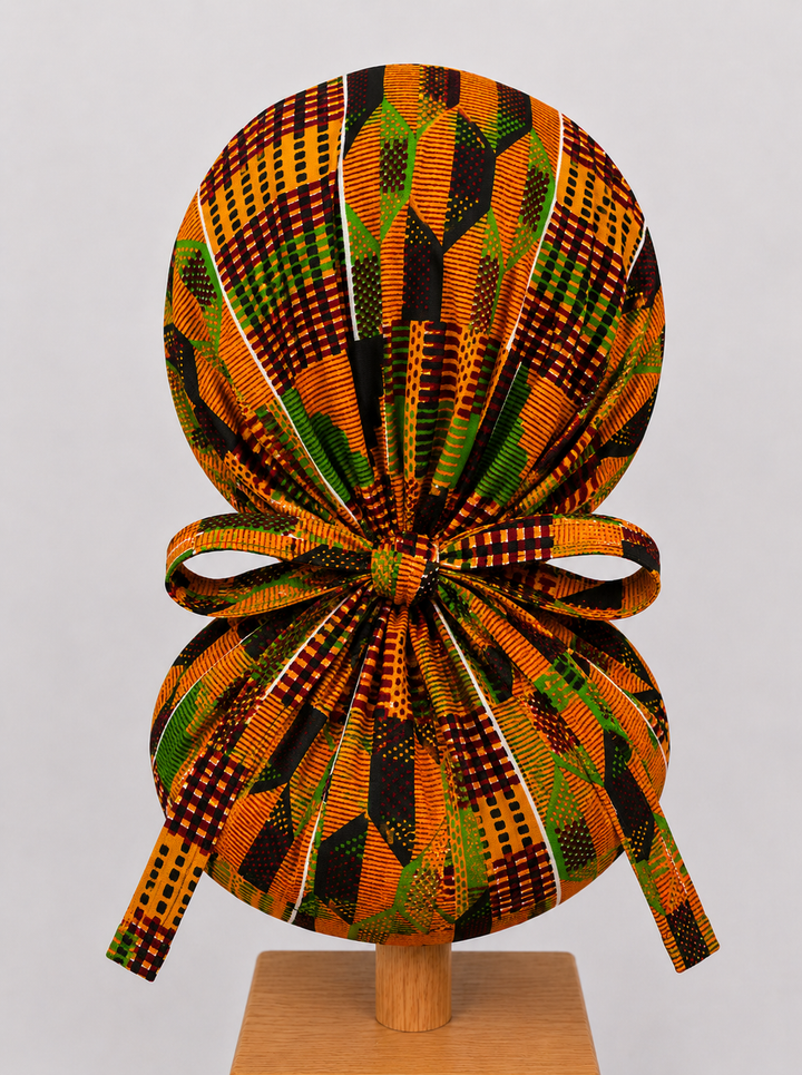 Orange green African Kente print XL ponytail scrub cap Ghana inspired surgical hat for nurses with long braids locs and natural hair handmade OR World-back view