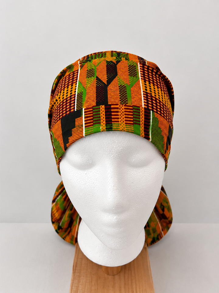 Orange green African Kente print XL ponytail scrub cap Ghana inspired surgical hat for nurses with long braids locs and natural hair handmade OR World
