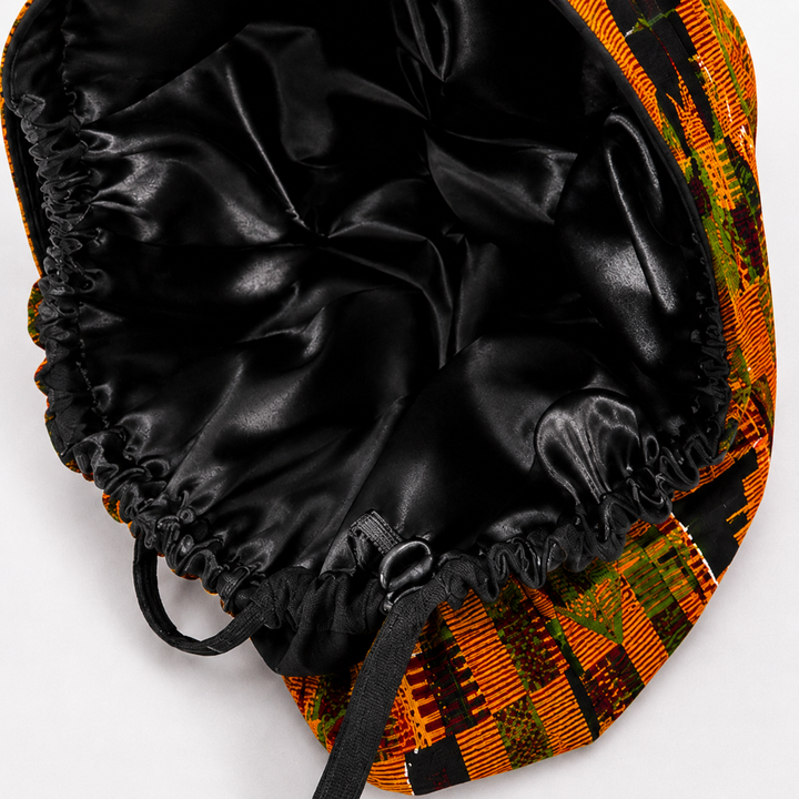 Orange green African Kente print XL ponytail scrub cap Ghana inspired surgical hat for nurses -satin lining available for nurses with long braids locs and natural hair handmade OR World