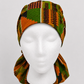 African Kente Fabric Scrub Cap for Women, XL Ponytail Surgical Hat with Traditional Ghana Print, Handmade Medical Scrub Cap for Nurses, Doctors and Surgical Techs, Satin Lining Available front view