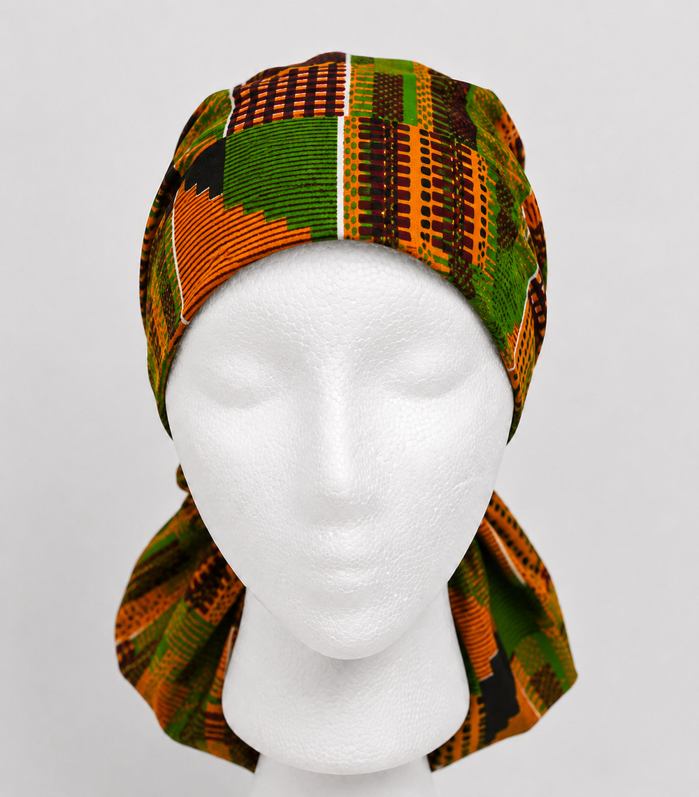 African Kente Fabric Scrub Cap for Women, XL Ponytail Surgical Hat with Traditional Ghana Print, Handmade Medical Scrub Cap for Nurses, Doctors and Surgical Techs, Satin Lining Available front view