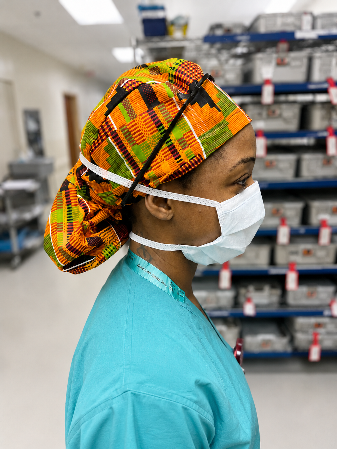 African Kente XL Ponytail Scrub Cap for Women with Satin Lining, Ghana Kente Print Surgical Hat, Adjustable Scrub Cap for Long Hair, Nurses, Surgical Techs, Doctors and Healthcare Professionals-side view