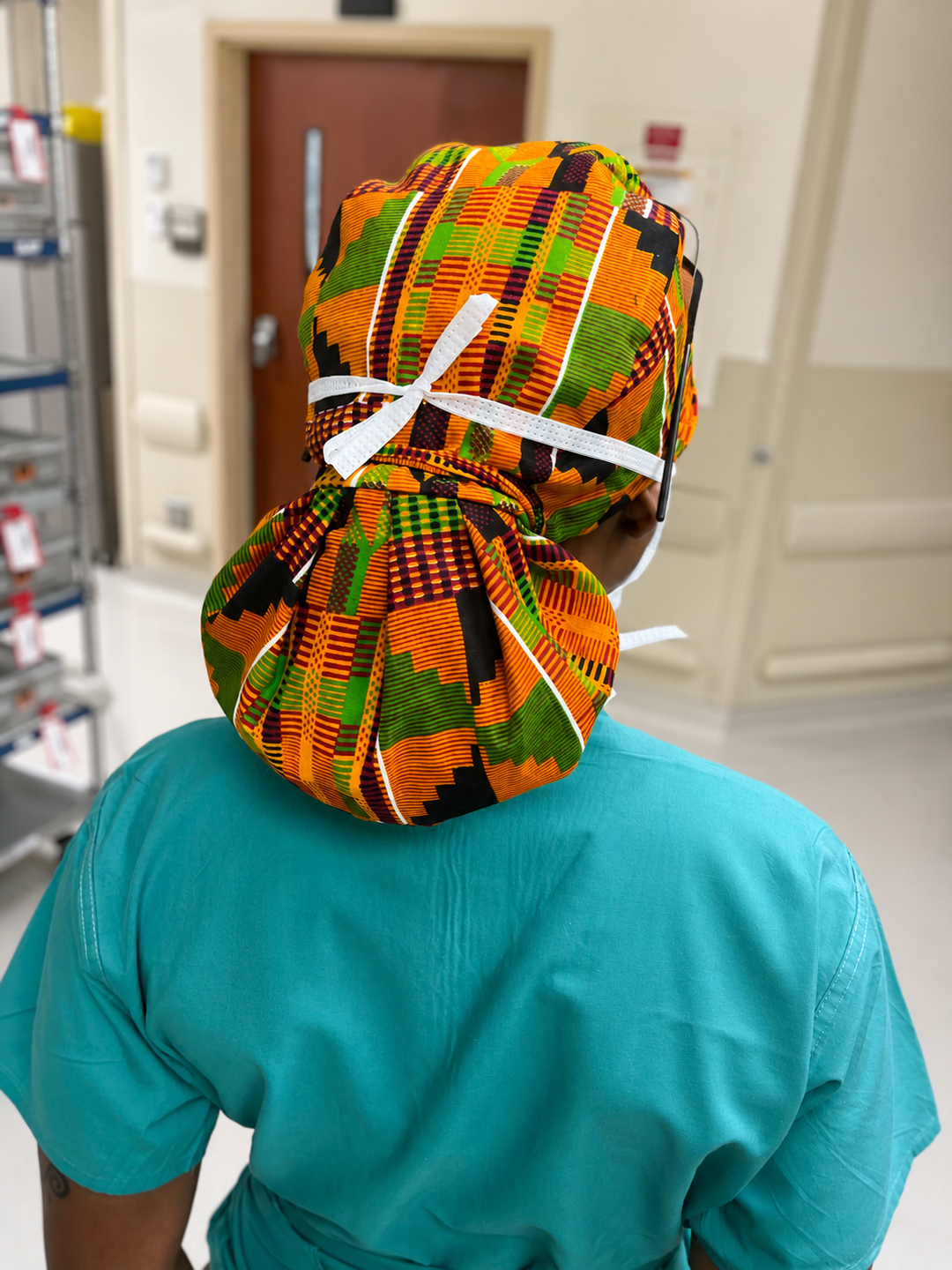 African Kente XL Ponytail Scrub Cap for Women with Satin Lining, Ghana Kente Print Surgical Hat, Adjustable Scrub Cap for Long Hair, Nurses, Surgical Techs, Doctors and Healthcare Professionals.
