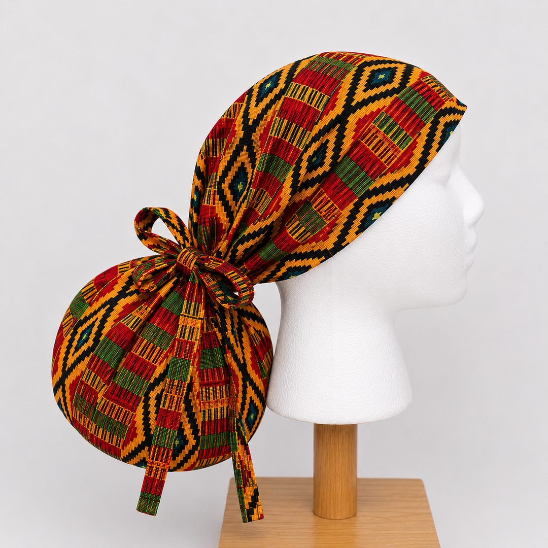 African Kente XL Ponytail Scrub Cap for Women, Colorful Ghana-Inspired Print Surgical Cap for Long Thick Hair, Adjustable Ponytail Scrub Hat for Nurses, Surgeons and Medical Professionals, Satin Lining Available.