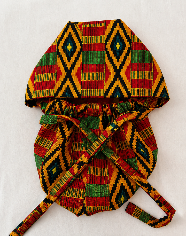 African Kente XL Ponytail Scrub Cap for Women, Colorful Ghana-Inspired Print Surgical Cap for Long Thick Hair, Adjustable Ponytail Scrub Hat for Nurses, Surgeons and Medical Professionals, Satin Lining Available-full view
