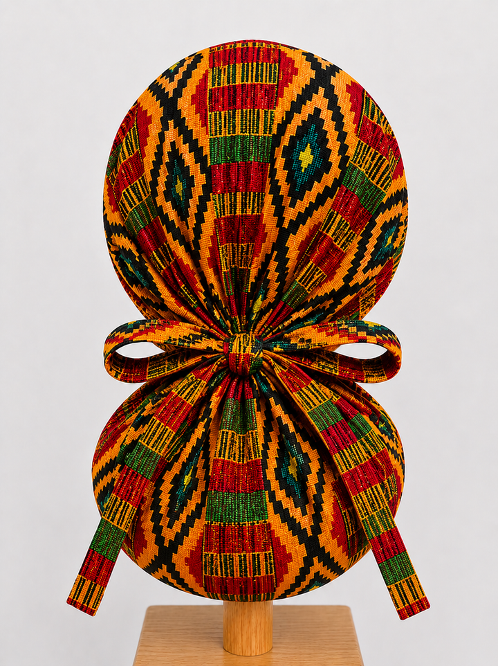 African Kente XL Ponytail Scrub Cap for Women, Colorful Ghana-Inspired Print Surgical Cap for Long Thick Hair, Adjustable Ponytail Scrub Hat for Nurses, Surgeons and Medical Professionals, Satin Lining Available-back view
