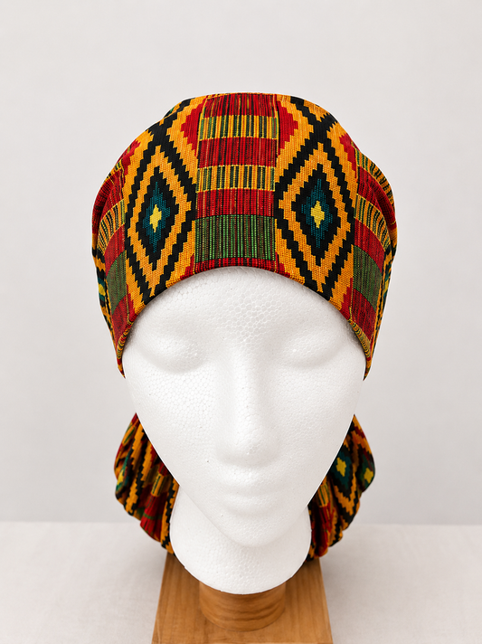 African Kente XL Ponytail Scrub Cap for Women, Colorful Ghana-Inspired Print Surgical Cap for Long Thick Hair, Adjustable Ponytail Scrub Hat for Nurses, Surgeons and Medical Professionals, Satin Lining Available-front view