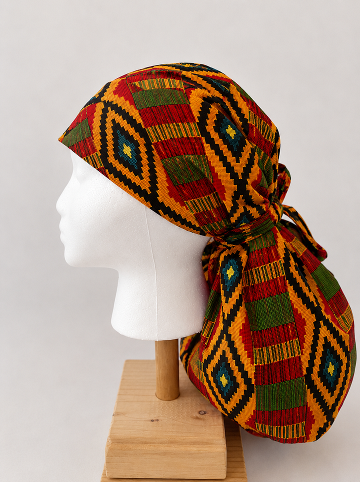 African Kente XXL Ponytail Scrub Cap for Women, Colorful Ghana-Inspired Print Surgical Cap for Long Thick Hair, Adjustable Ponytail Scrub Hat for Nurses, Surgeons and Medical Professionals, Satin Lining Available-side view
