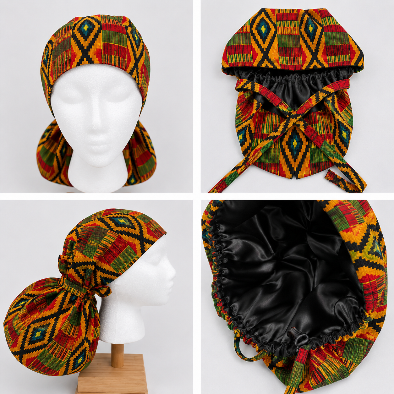 Colorful African Kente print XXL ponytail scrub cap Ghana inspired surgical hat for extra long braids jumbo locs and thick natural hair handmade OR World-all views