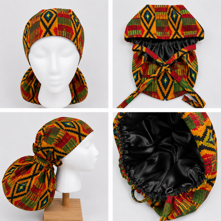 Colorful African Kente print XXL ponytail scrub cap Ghana inspired surgical hat for extra long braids jumbo locs and thick natural hair handmade OR World-all views