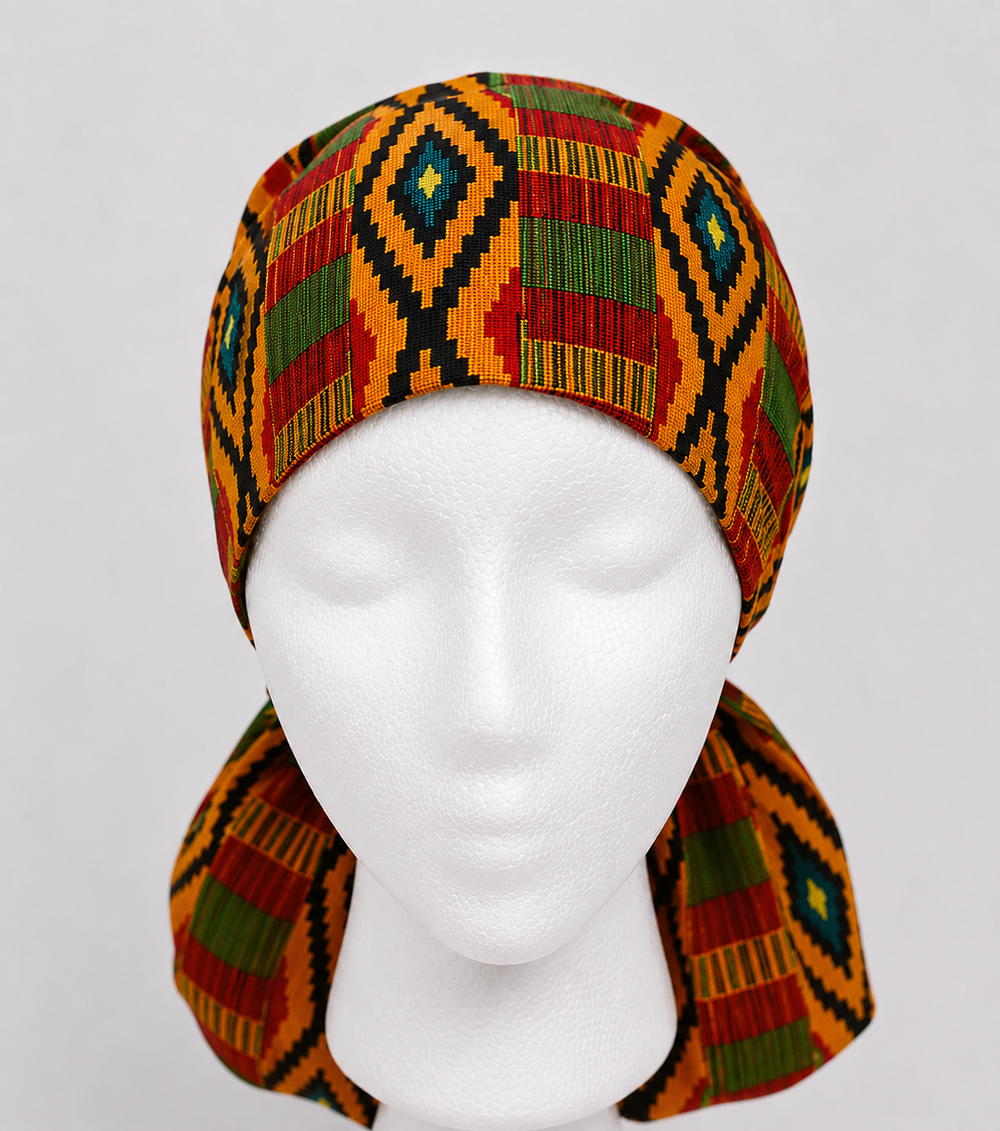 Colorful African Kente print XXL ponytail scrub cap Ghana inspired surgical hat for extra long braids jumbo locs and thick natural hair handmade OR World