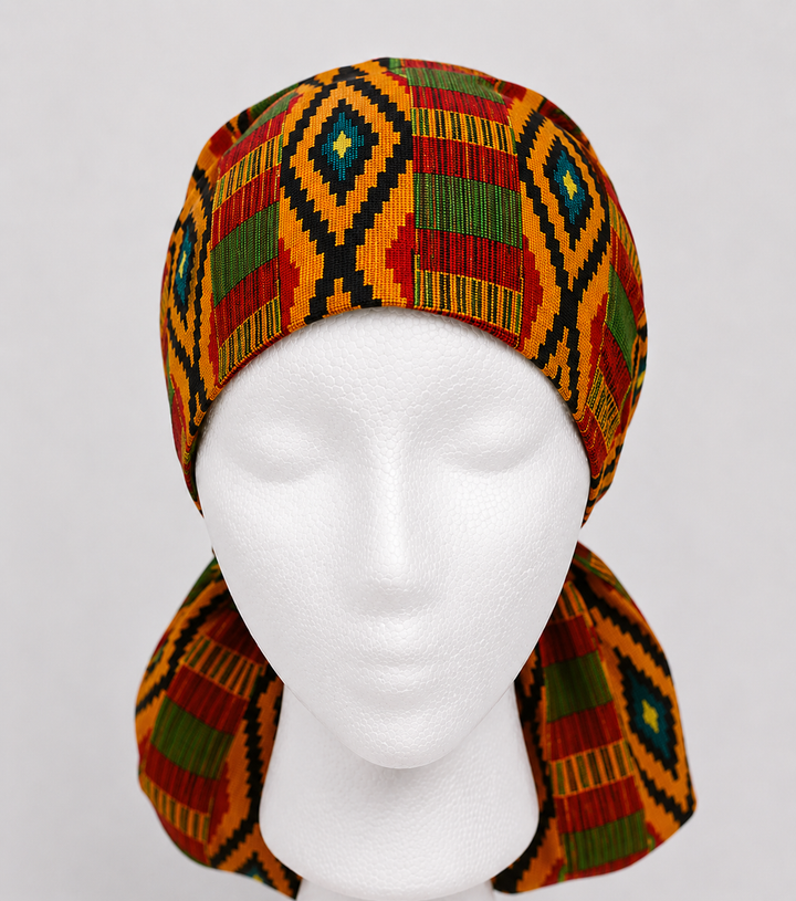 Colorful African Kente print XXL ponytail scrub cap Ghana inspired surgical hat for extra long braids jumbo locs and thick natural hair handmade OR World