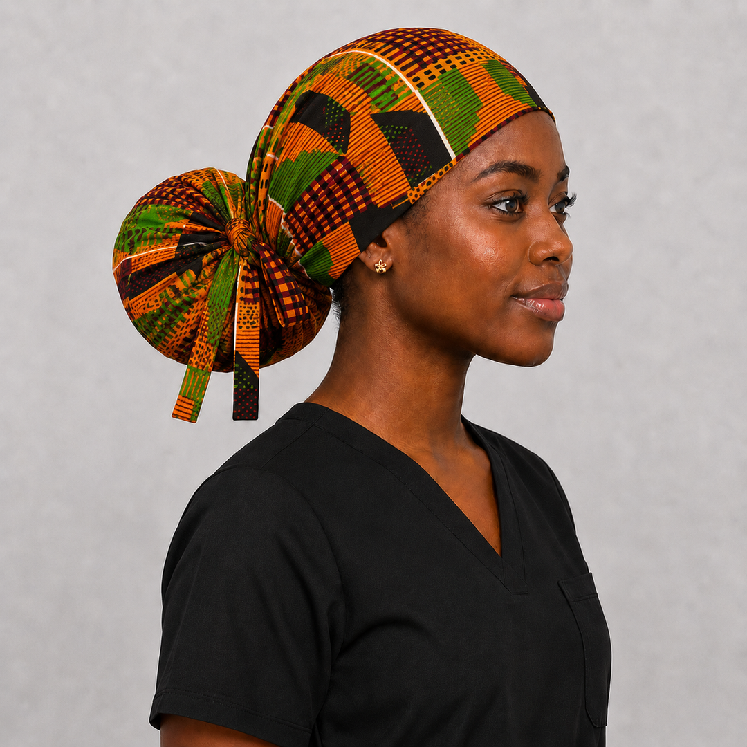 African Kente XL Ponytail Scrub Cap for Women option for Satin Lining, Ghana Kente Print Surgical Hat, Adjustable Scrub Cap for Long Hair, Nurses, Surgical Techs, Doctors and Healthcare Professionals. Nurse model wearing surgical hat 