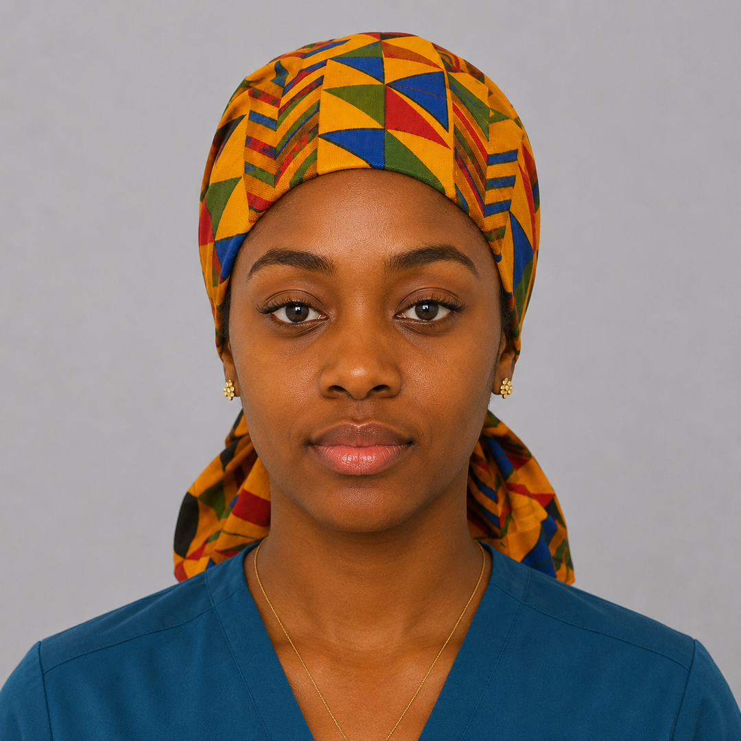 African Kente print XL ponytail scrub cap front view showing extra large hair pouch for braids locs and natural hair-for women 