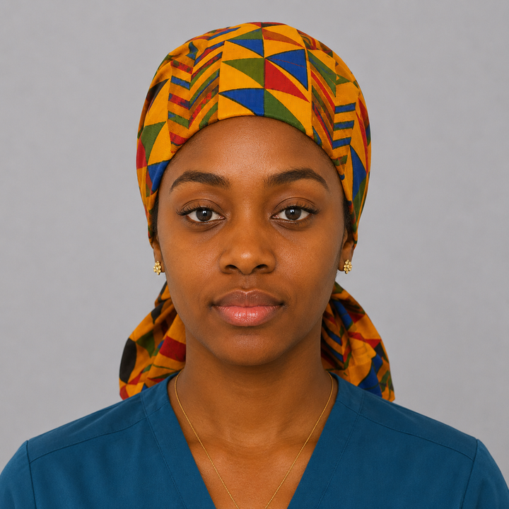 African Kente print XL ponytail scrub cap front view showing extra large hair pouch for braids locs and natural hair-for women 
