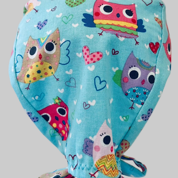Scrub Cap Colorful Owl Print Surgical Hat | Handmade OR Cap for Nurses, Surgeons &amp; Healthcare Professionals | Adjustable Unisex Scrub Cap | Satin Lining Option