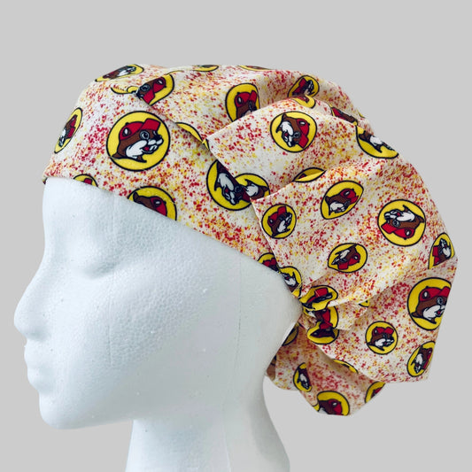 Beaver Print Bouffant Scrub Cap – Red & Yellow Surgical Hat for Long Hair | Adjustable Nurse Cap