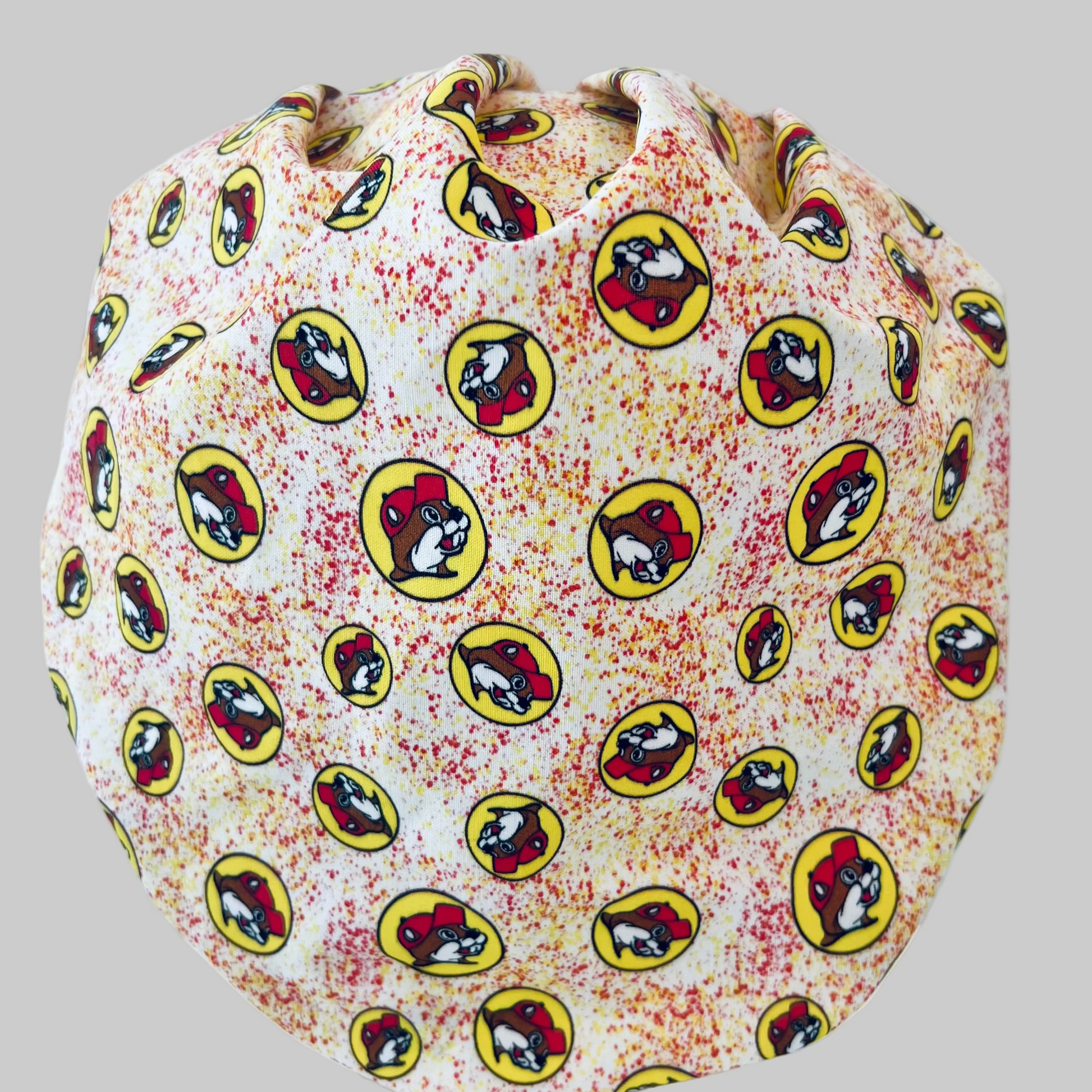 Beaver Print Bouffant Scrub Cap – Red & Yellow Surgical Hat for Long Hair | Adjustable Nurse Cap