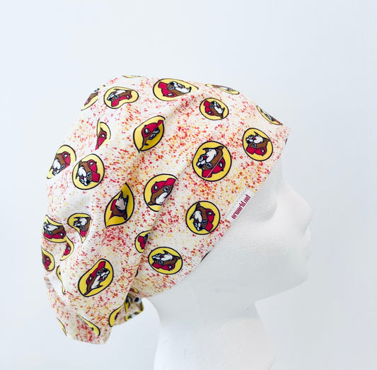 Beaver Print Euro Scrub Cap – Red & Yellow Hat Design | Euro Scrub Cap for Nurses & Surgical Techs