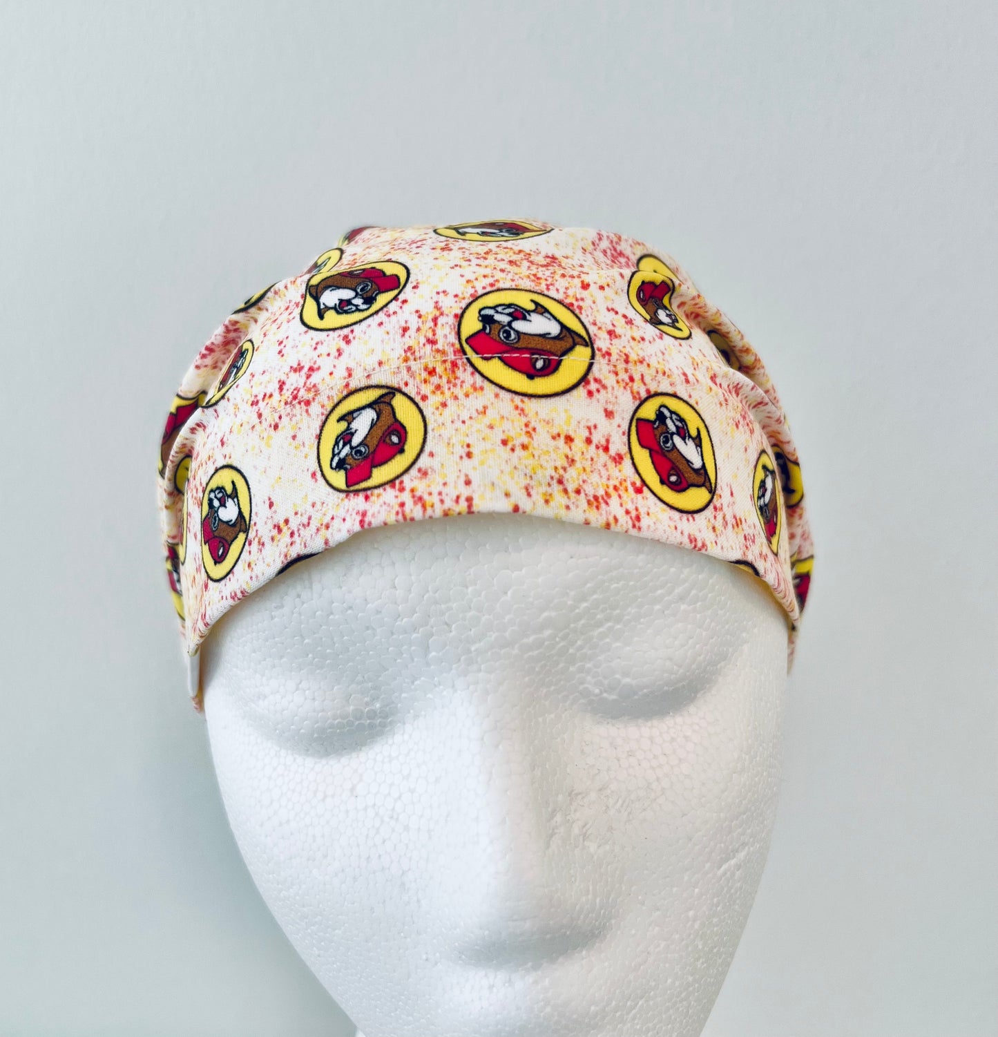 Beaver Print Euro Scrub Cap – Red & Yellow Hat Design | Euro Scrub Cap for Nurses & Surgical Techs
