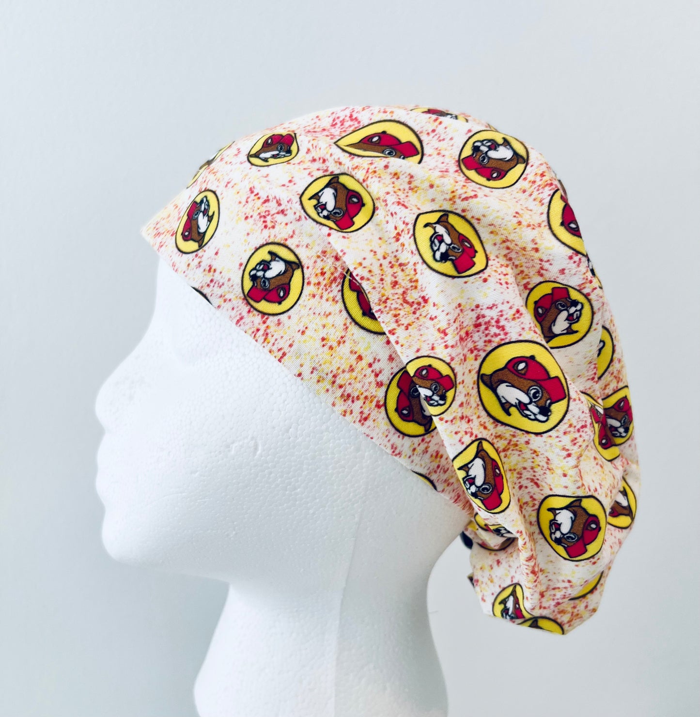 Beaver Print Euro Scrub Cap – Red & Yellow Hat Design | Euro Scrub Cap for Nurses & Surgical Techs