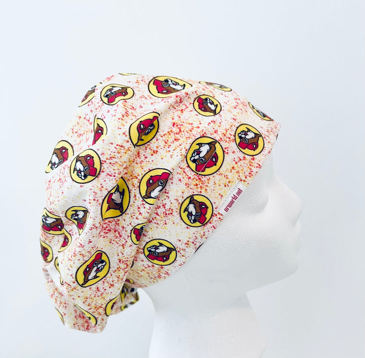 Beaver Print Euro Scrub Cap – Red &amp; Yellow Hat Design | Euro Scrub Cap for Nurses &amp; Surgical Techs right side view