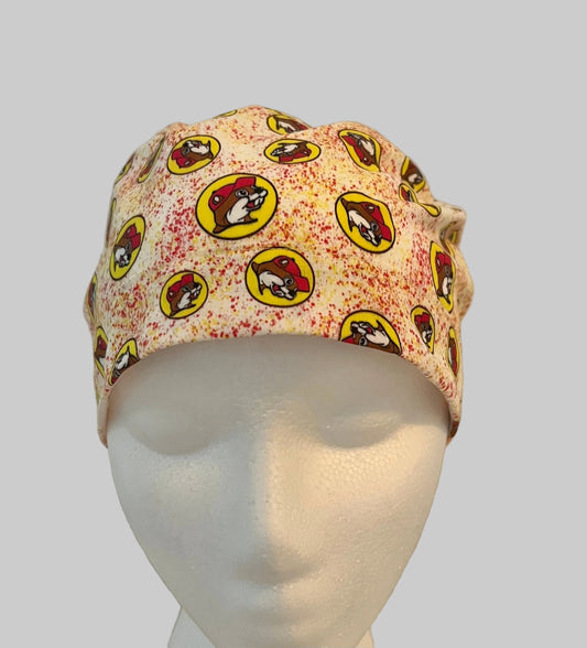 Beaver Print Ponytail Scrub Cap, Red and Yellow and Adjustable Surgical Cap for Nurses and Healthcare Workers Hat-front view