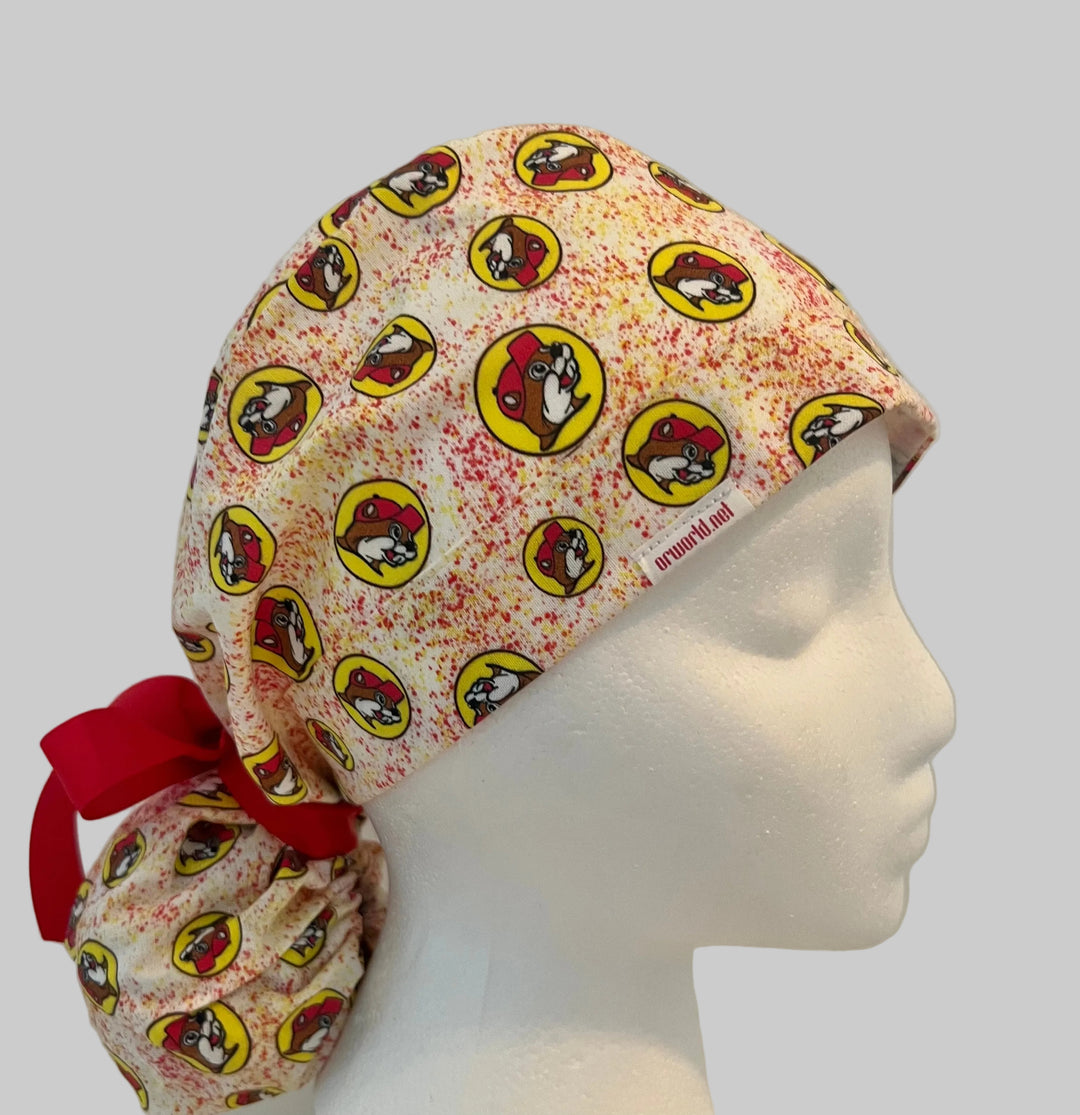 Beaver Print Ponytail Scrub Cap, Red and Yellow and Adjustable Surgical Cap for Nurses and Healthcare Workers Hat, right side view
