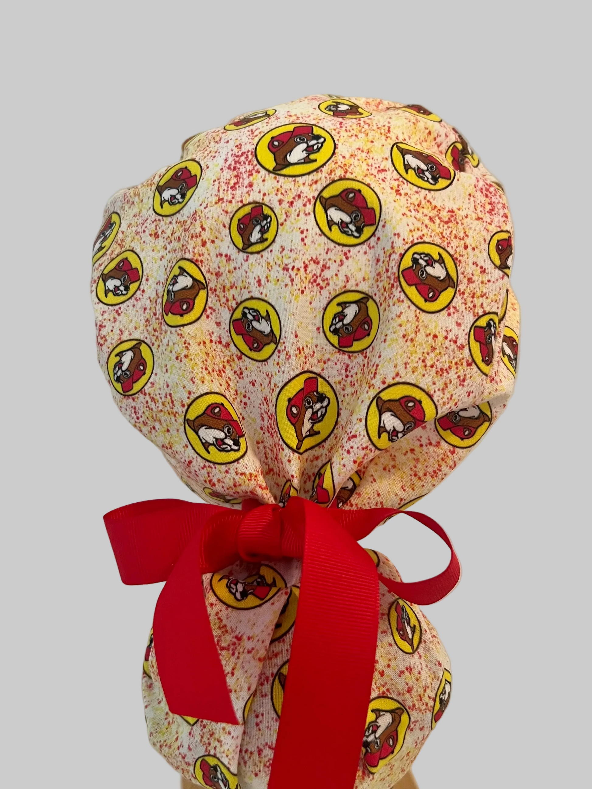 Beaver Print Ponytail Scrub Cap – Fun Red & Yellow Surgical Cap | Adjustable Tie Nurse Hat