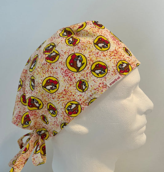 Beaver Print Scrub Cap – Fun Red & Yellow Surgical Cap | Adjustable Tie Nurse 