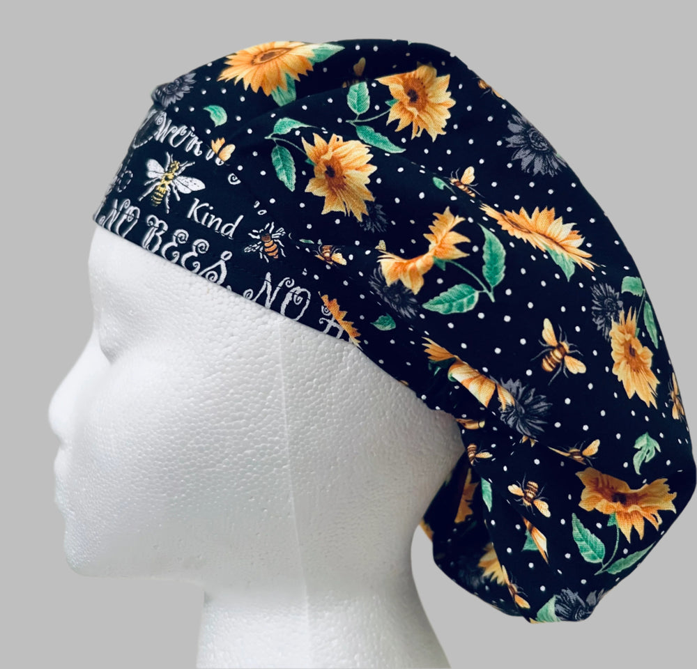 Sunflower Bee Bouffant Scrub Cap | Save the Bees Surgical Hat | Black Floral Nurse Cap