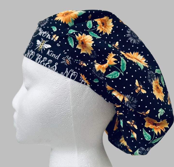 Sunflower Bee Bouffant Scrub Cap | Save the Bees Surgical Hat | Black Floral Nurse Cap
