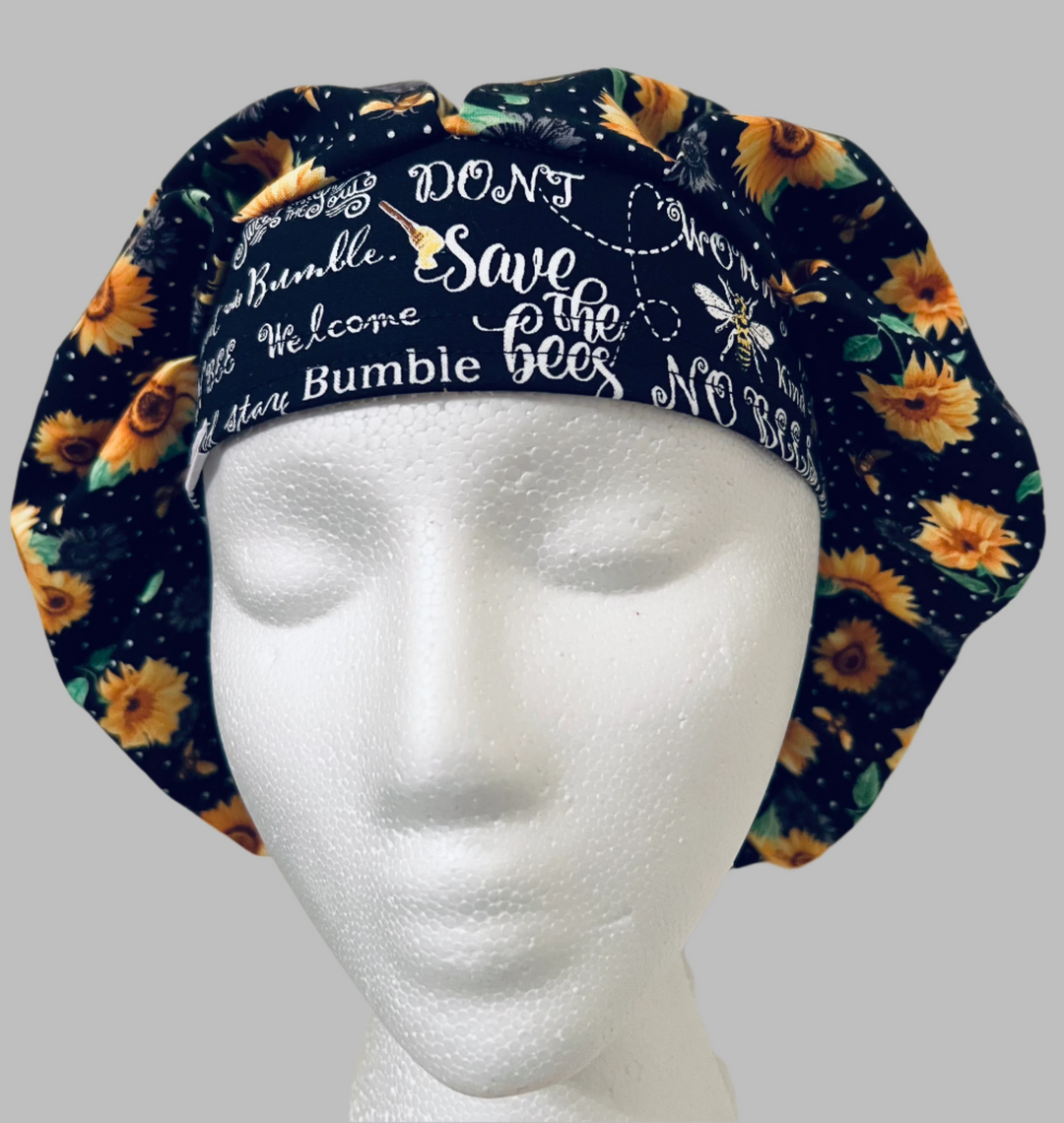Sunflower Bee Bouffant Scrub Cap | Save the Bees Surgical Hat | Black Floral Nurse Cap
