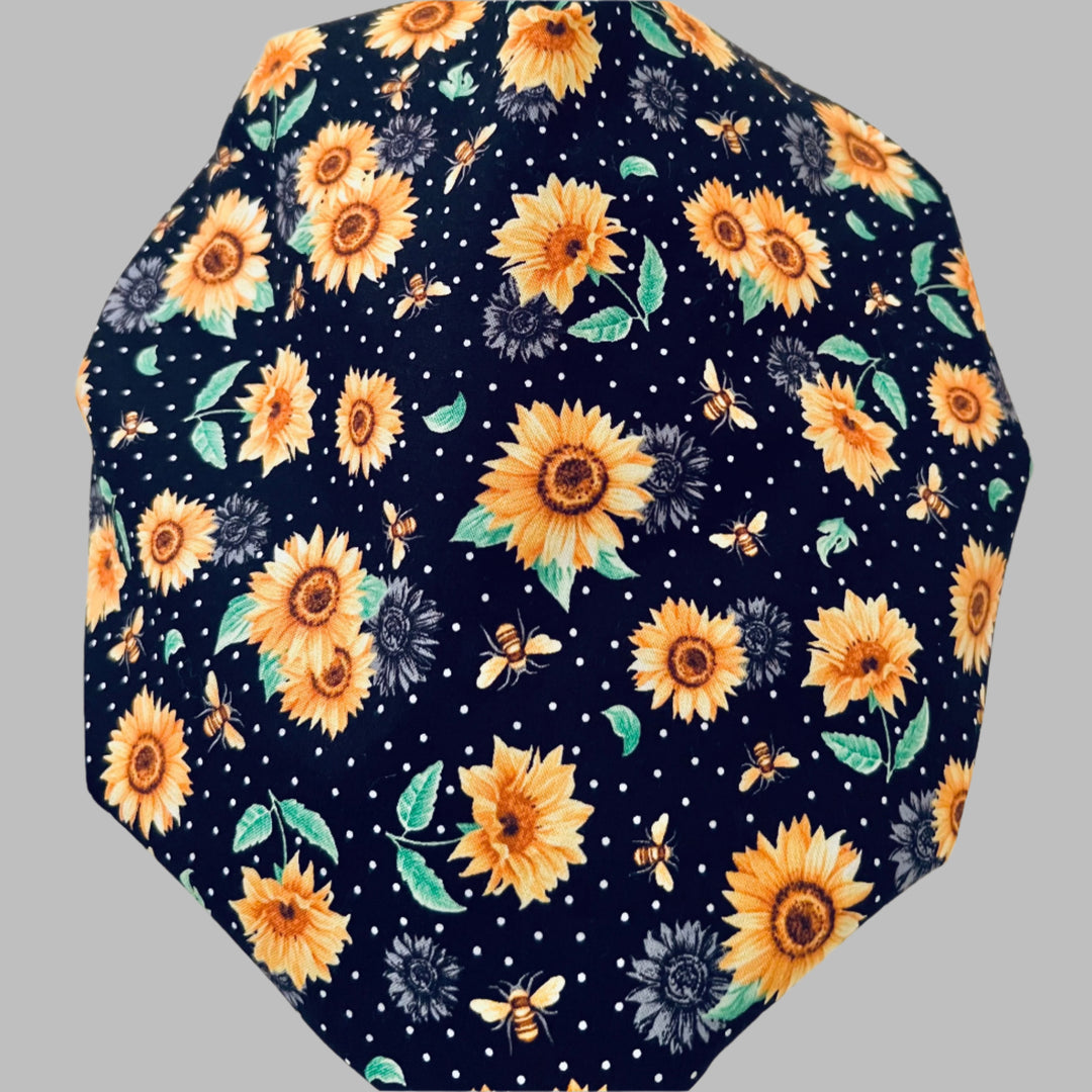 Sunflower Bee Bouffant Scrub Cap | Save the Bees Surgical Hat | Black Floral Nurse Cap