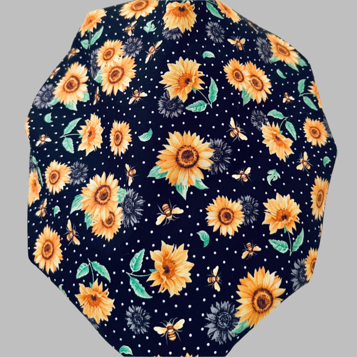 Sunflower Bee Bouffant Scrub Cap | Save the Bees Surgical Hat | Black Floral Nurse Cap