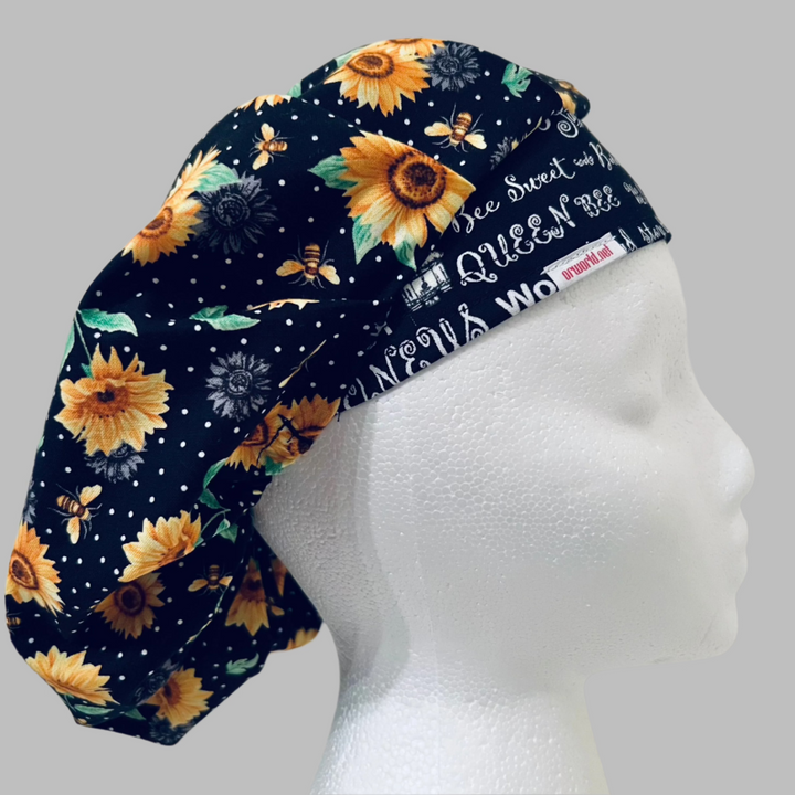 Sunflower Bee Bouffant Scrub Cap | Save the Bees Surgical Hat | Black Floral Nurse Cap