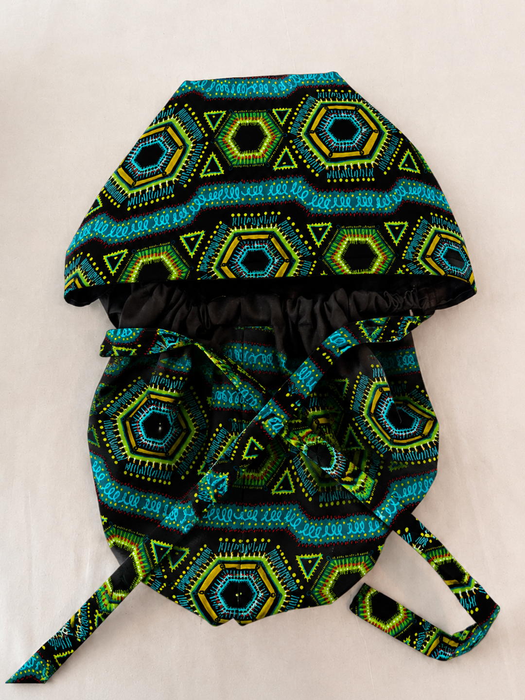 African Print Kente Ponytail Scrub Cap for Women, Blue Ghana Fabric Surgical Hat, XL Long Hair Medical Cap with Adjustable Fit and Satin Lining Available-full view