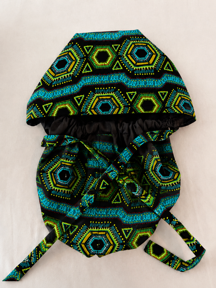 African Print Kente Ponytail Scrub Cap for Women, Blue Ghana Fabric Surgical Hat, XL Long Hair Medical Cap with Adjustable Fit and Satin Lining Available-full view