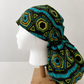 African Print Kente Ponytail Scrub Cap for Women, Blue Ghana Fabric Surgical Hat, XL Long Hair Medical Cap with Adjustable Fit and Satin Lining Available-side view