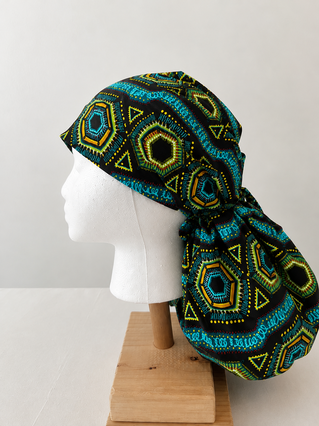 African Print Kente Ponytail Scrub Cap for Women, Blue Ghana Fabric Surgical Hat, XL Long Hair Medical Cap with Adjustable Fit and Satin Lining Available-side view