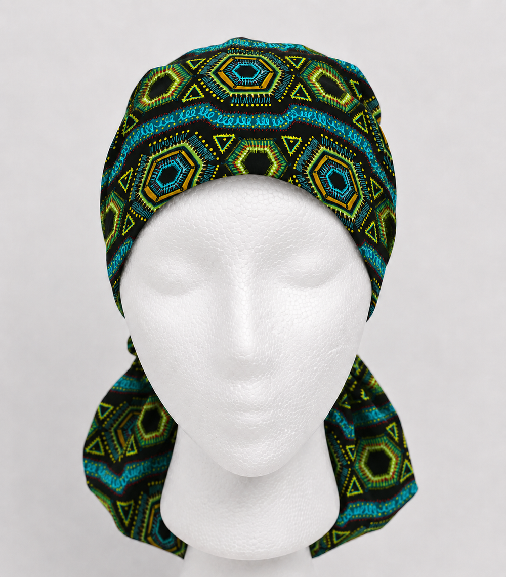 African Print Kente Ponytail Scrub Cap for Women, Blue Ghana Fabric Surgical Hat, XL Long Hair Medical Cap with Adjustable Fit and Satin Lining Available-front view